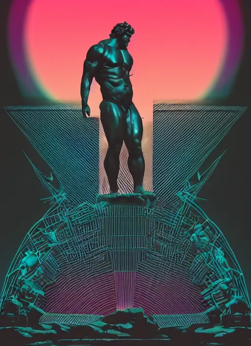 Image similar to statue of hercules, beeple, android jones, dan mumford, vaporwave, retrowave, black background, neon wiring, black, glitch, strong contrast, cuts, pinterest, trending on artstation