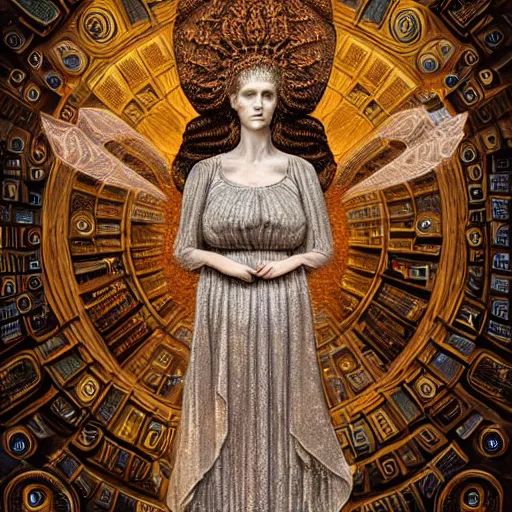 Image similar to 3 d goddess minerva, medium shot portrait. beautiful hyperrealistic intricate highly detailed and richly embroidered with esoteric symbols gown, surrounded by stacks of books bioluminescent, curious, plasma, 4 k surrealism