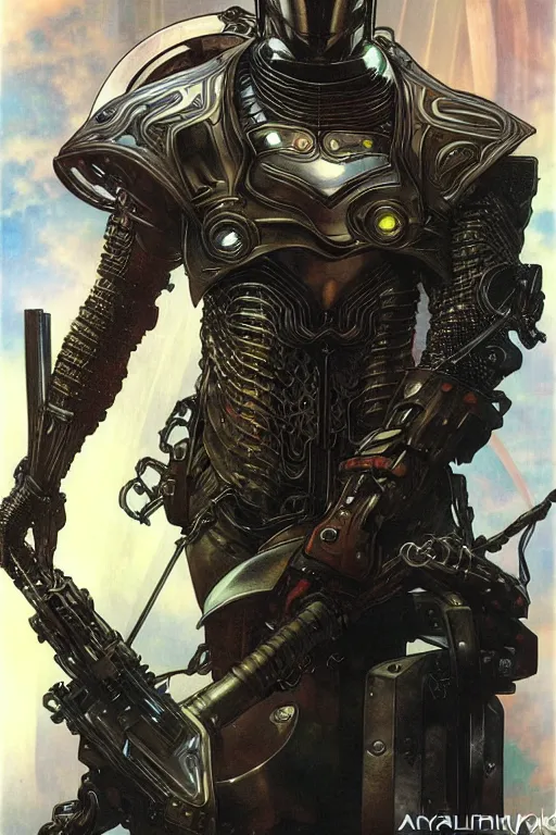 Prompt: realistic detailed portrait of a handsome futuristic nordic warrior with alien cyberpunk armor by ayami kojima, amano, greg hildebrandt, alphonse mucha, and mark brooks, male, masculine, art nouveau, cyberpunk, neo - gothic, gothic, character concept design,