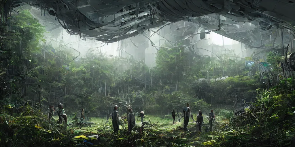 Prompt: Explorers discover a vast overgrown robotics lab, sci-fi, wide shot, trending on artstation