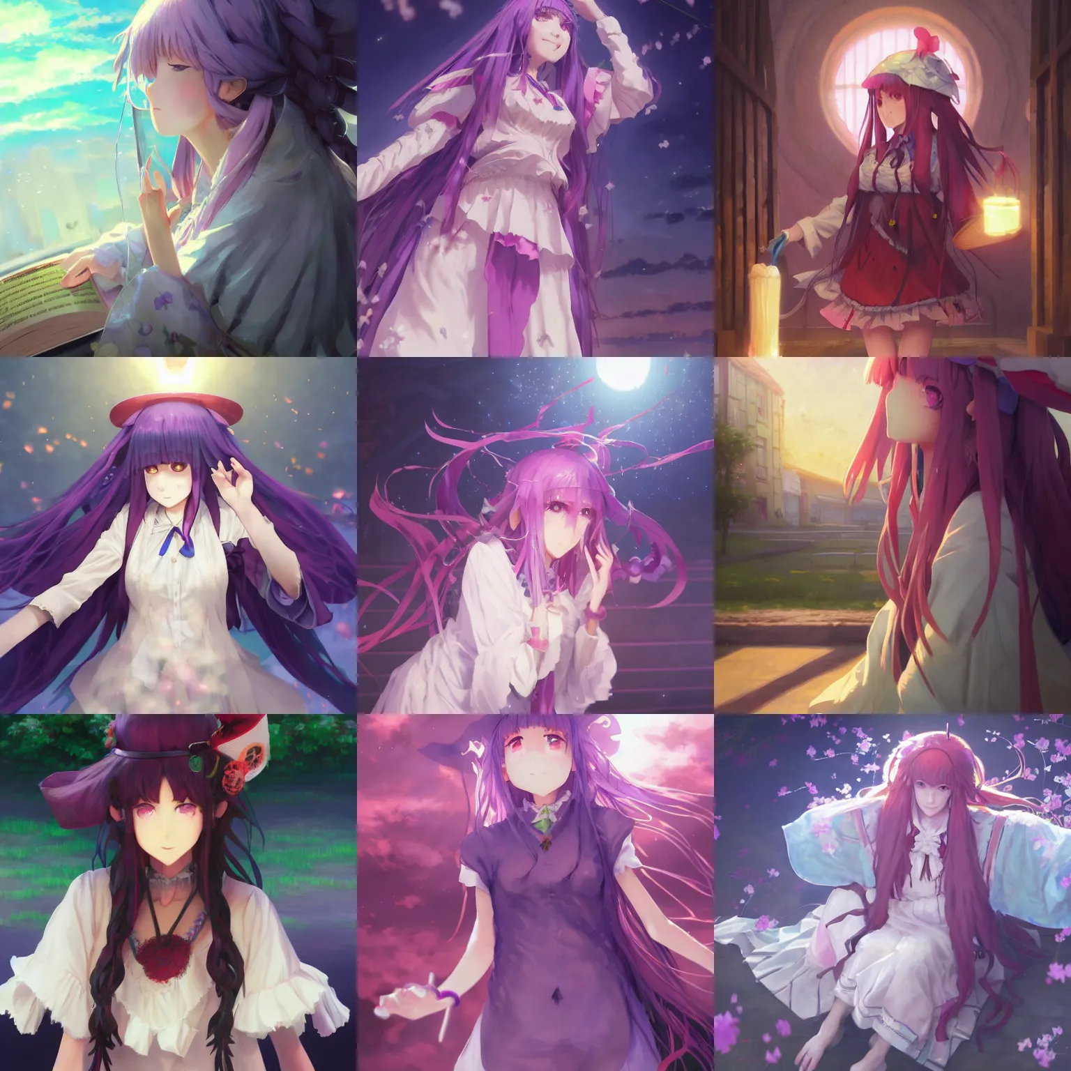 Prompt: pixiv artwork of patchouli knowledge from touhou project, patchouli knowledge touhou book lamp library artwork by greg rutkowski makoto shinkai key art kyoto animation 4 k 8 k ultrahd trending