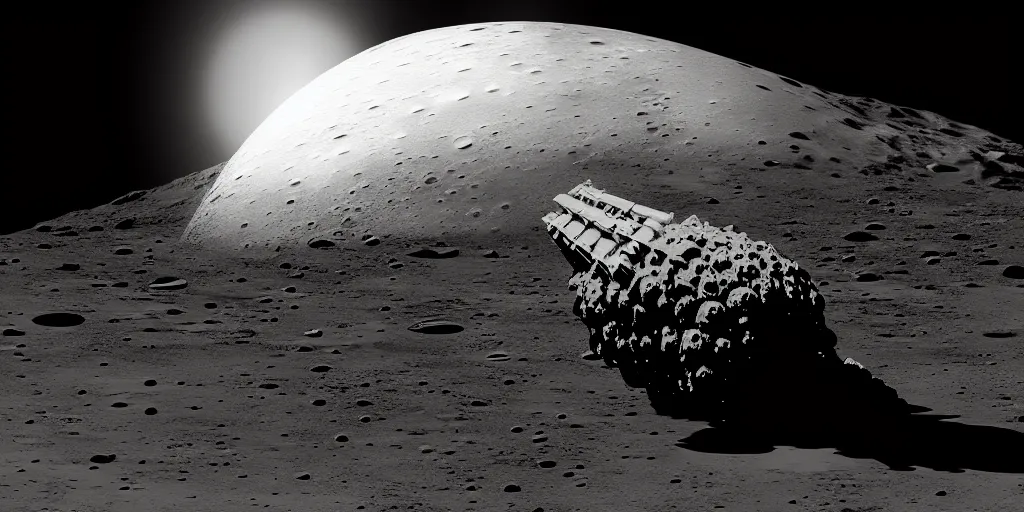 Prompt: giant Cthulhu silhouetted on lunar surface crushing <fighter jet>, explosion, photorealistic, wide-angle, long shot, epic, space, lunar backdrop