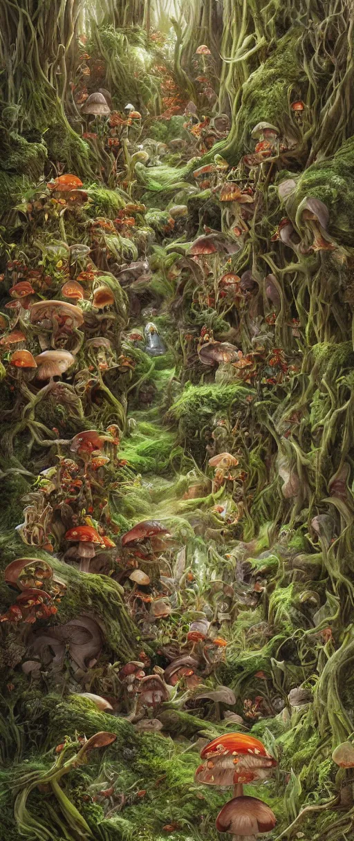 Prompt: detailed sharp focus, goblincore forest, mushrooms, with goblins wandering in the mist, artwork by Victor Adame Minguez + Yuumei + Tom Lovell + Sandro Botticelli,