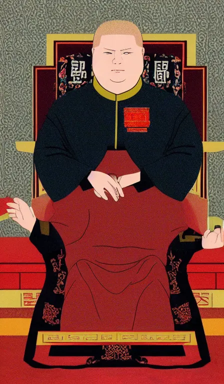 Image similar to Bobby Hill sits on his throne as emperor of Hill Dynasty China, imperial portrait