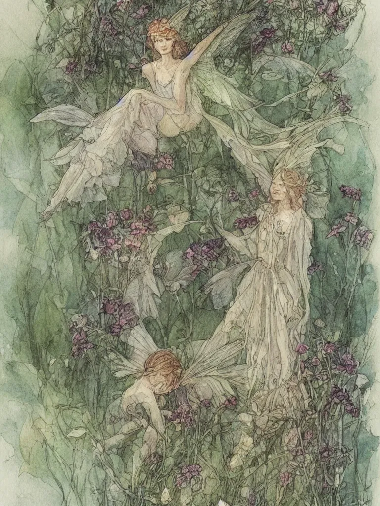 Image similar to annotated study of a flower fairy, illustration, watercolor, alan lee, detailed, pretty, ethereal,