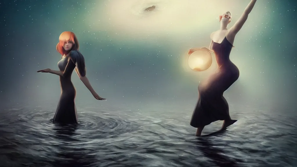 Image similar to whimsical, a beautiful whimsical woman, wearing professional makeup, standing in a lake, raising an arm, under a binary black hole with a ring, by Ilya Kuvshinov, by Tom Bagshaw, by artgerm, by Studio Ghibli, face enhance, volumetric lighting, 4k resolution, octane render, trending on artstation