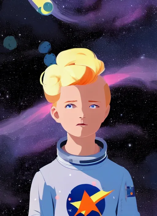 Image similar to little boy with short blonde hair. he is floating in space. he is wearing a space suit. background is a nebula. clean cel shaded vector art. shutterstock. behance hd by lois van baarle, artgerm, helen huang, by makoto shinkai and ilya kuvshinov, rossdraws, illustration, art by ilya kuvshinov