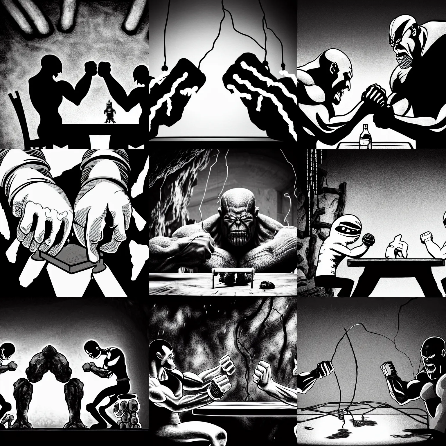 Prompt: black and white thanos plays arm wrestling with the thanos at a broken table in a cave, by tsutomu nihei, black and white, old cave with slime and wires background, cinematic, perspective, realistic