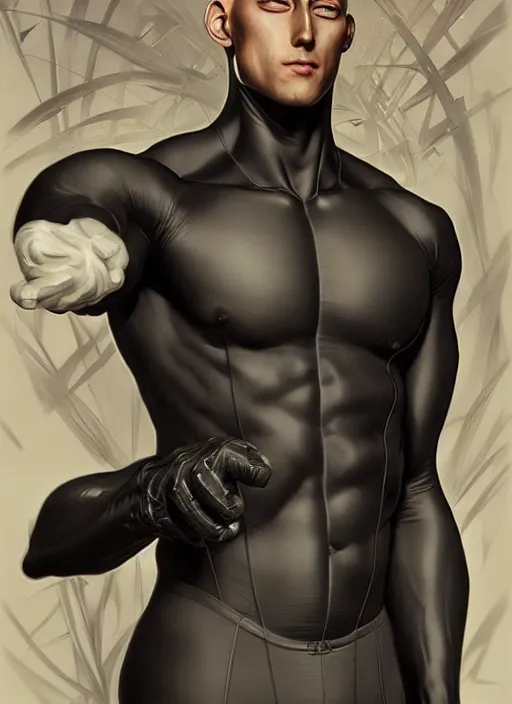 Image similar to ultra realistic illustration, handsome saitama. intricate, black suit, highly detailed, digital painting, artstation, concept art, smooth, sharp focus, illustration, art by artgerm and greg rutkowski and alphonse mucha and wlop