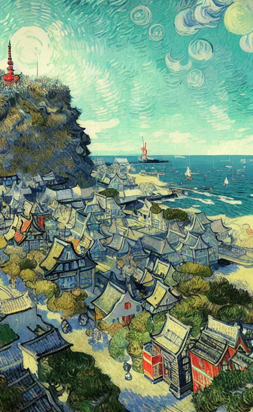 Prompt: japanese cape dutch architecture busy city on a cliff by the sea side, nice view, airships, dense foliage poster art by van gogh kim jung giu and weta studio, and lucasfilm and jesper ejsing and norman rockwell greg rutkowski frank frazzeta