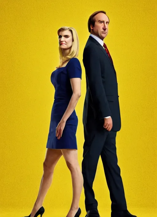 Prompt: Saul Goodman and Kim Wexler !dream Saul Goodman standing on a justice libra, minimalist art, poster, yellow background, very clean