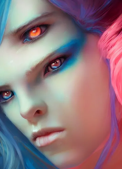 Image similar to girl with unkempt blue and pink hair, beautiful highly detailed face, complementary lighting, backlit, eyeshadow, divine, beautiful painting by artgerm and greg rutkowski and raymond swanland