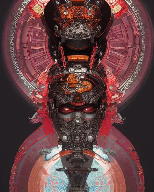 Image similar to portrait of a cyberpunk machine, machine face, upper half portrait, decorated with chinese opera motifs, asian, fine china, wuxia, traditional chinese art, intricate, elegant, highly detailed, symmetry, headpiece, digital painting, artstation concept art smooth sharp focus, illustration, art by artgerm and greg rutkowski alphonse mucha 8 k