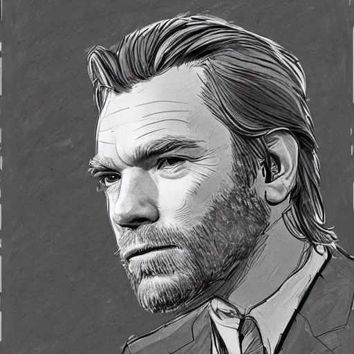 Prompt: a realistic yet scraggly portrait sketch of the side profile of a stern and sophisticated ewan mcgregor, trending on artstation, intricate details, in the style of frank auerbach, in the style of sergio aragones, in the style of martin ansin, in the style of david aja, in the style of mattias adolfsson