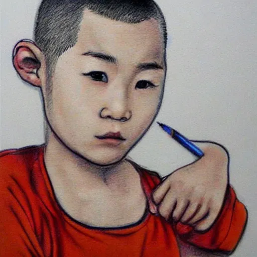 Prompt: chinese boy with buzz cut pencil sketch, colored