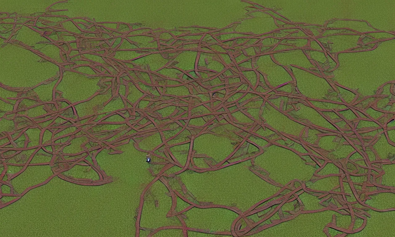 Prompt: federated 3d english park maze ancient train pathways and walkers, digital art, perfect lighting