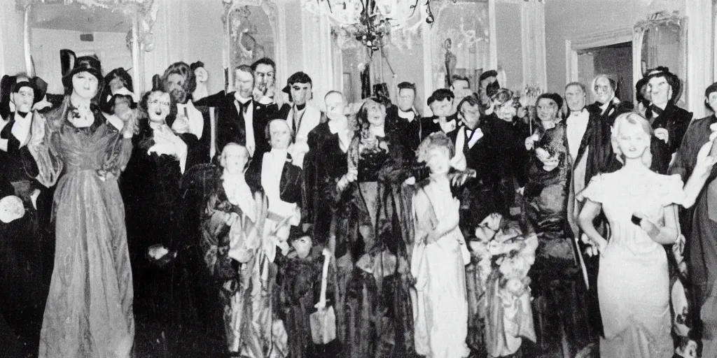 Image similar to creepy photo of people at a fancy party standing around a small black stone in a large Victorian apartment, 70mm film, old film, found film, scary, ominous, disturbing