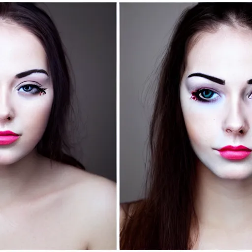 Prompt: photo, closeup, young woman with her face divided into two parts. left part has heavy amount of makeup. right part has intriguing tattoo