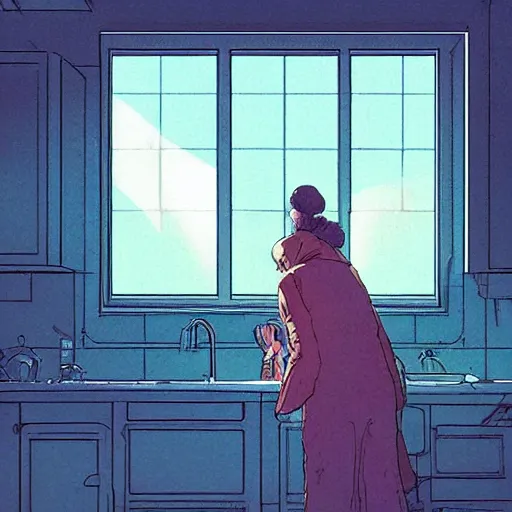 Prompt: a mother cooking in a kitchen while looking out the window in the style of john harris and kilian eng by moebius, atmospheric, line art, cinematic