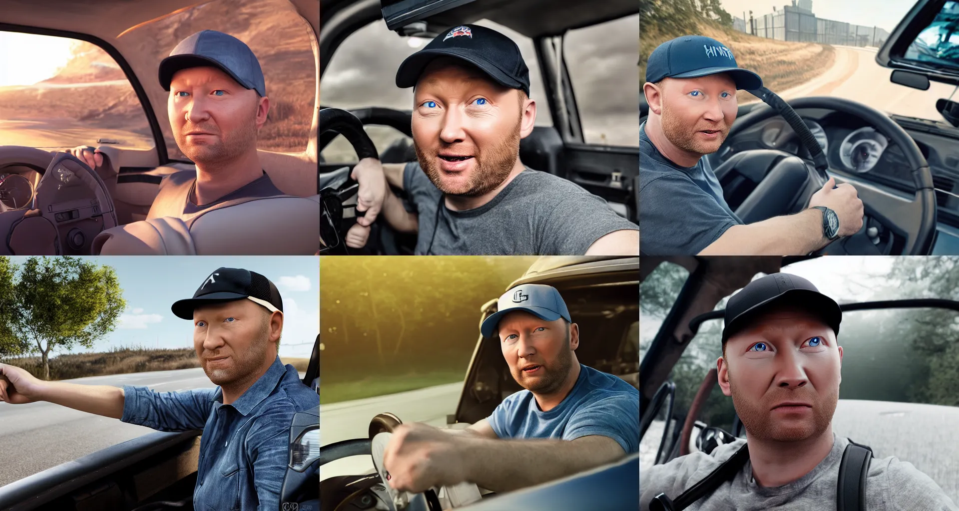 Prompt: Caucasian man limmy wearing a baseball cap while holding the steering wheel in a truck, unreal 5, DAZ, hyperrealistic, octane render, Detailed Digital Art, dynamic lighting, Highly Detailed, Cinematic Lighting, Unreal Engine, 8k, HD