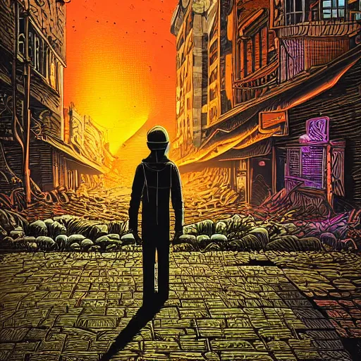 Image similar to a lone soldier stands on illuminated grid in a ruined city street by dan mumford