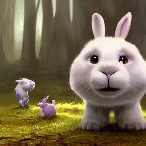 Prompt: cute furry monster with a bucktooth, surrounded by white rabbits in the misty woods, Pixar concept art