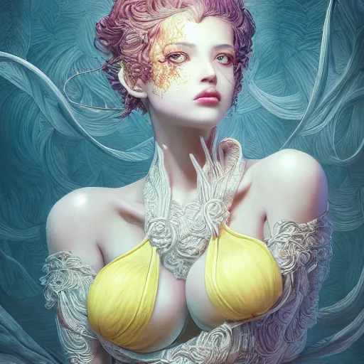 Prompt: the portrait of a sensual lemon that resembles an absurdly beautiful, graceful, elegant sensual gravure idol, an ultrafine hyperdetailed illustration by kim jung gi, irakli nadar, intricate linework, bright colors, octopath traveler, final fantasy, unreal engine highly rendered, global illumination, radiant light, detailed and intricate environment