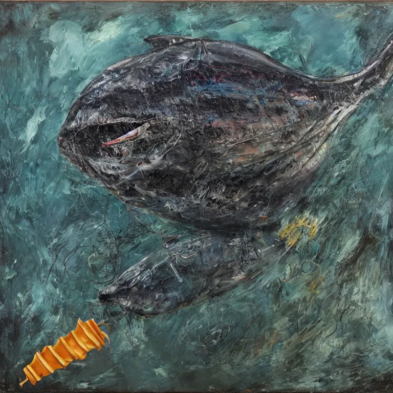 Image similar to Hyperrealistic Studio wet collodion Photograph of a deep sea humpback anglerfish deep underwater in darkness, award-winning nature deep sea expressionistic impasto oil painting by Cy Twombly and Tim Hawkinson vivid colors hyperrealism 8k