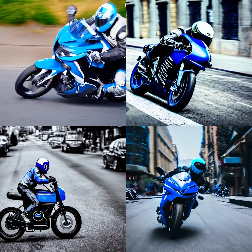 Prompt: blue racing motorcycle driving fast on the street