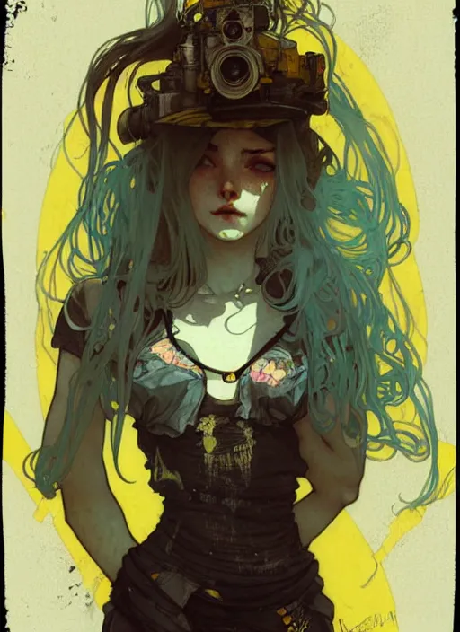 Image similar to highly detailed portrait of a moody sewerpunk young adult lady by krenz cushart, by artem demura, by alphonse mucha, by kaethe butcher, gradient yellow, black, brown and cyan color scheme, grunge aesthetic!!! ( ( graffiti tag city background ) )