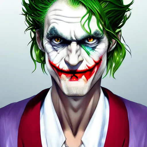 Prompt: A realistic anime portrait the joker with a human face wearing a kimono, digital painting, by Stanley Artgerm Lau, WLOP, and Rossdraws, digtial painting, trending on ArtStation, deviantart