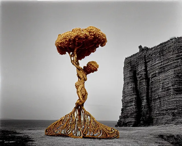 Prompt: by bruce davidson, by andrew boog faithful redscale photography evocative. a beautiful carved kinetic sculpture of a gold and obsidian brutalist exploded humanoid diagram tree of evolution - like creature, standing in front of a castle atop a cliff.