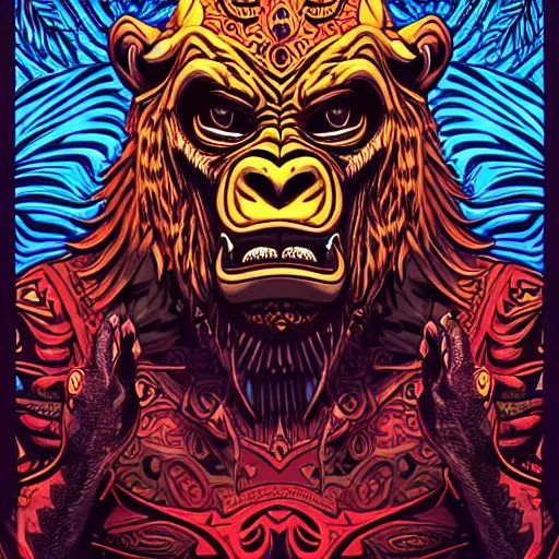 Image similar to barong family member with face and hands crossed, wiwek, mara demon, one single tribe member, jungle, one single mask, dark, ancient warrior, gorilla, lizard, tribal, inner glow, art by dan mumford and justin gerard