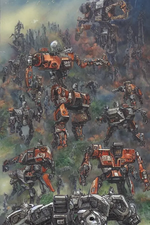 Prompt: inorganic battle robot army, art by frank hampson and shawn mcmanus, trending on artstation, photorealistic, watercolor painting, manga