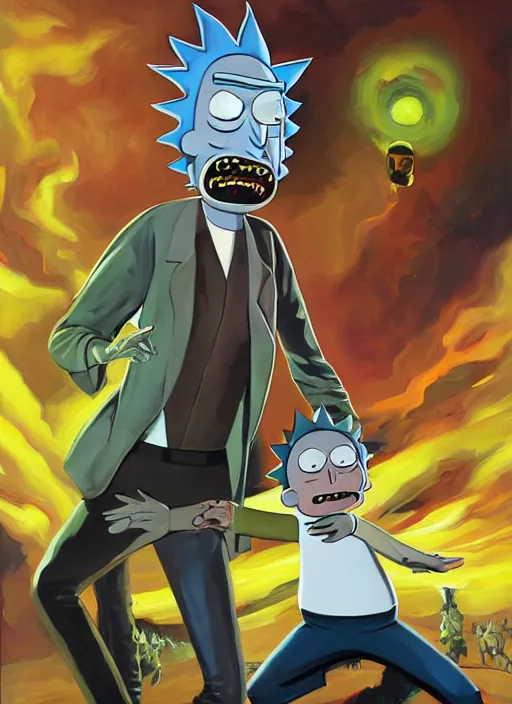 Image similar to rick and morty painting by phil hale, francisco goya,'action lines '!!!, graphic style, visible brushstrokes, motion blur, blurry, hd image