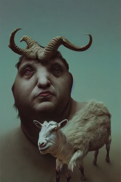 Image similar to painting of hybrid between human andy milonakis and a goat, by zdzislaw beksinski, by tiffany bozic, cold hue's, warm tone gradient background, concept art, beautiful composition, digital painting