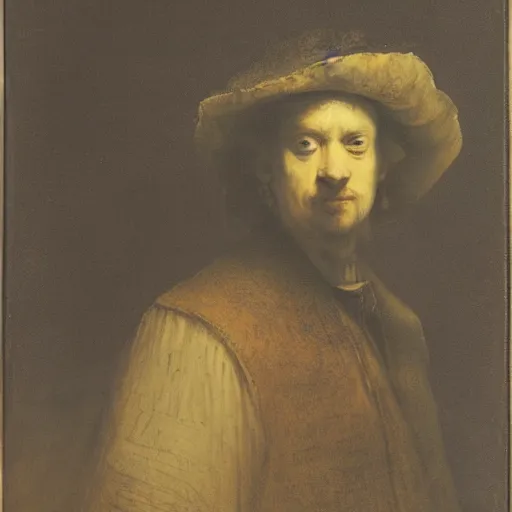 Prompt: self portrait of rembrandt van rijn matte painting, lithograph,