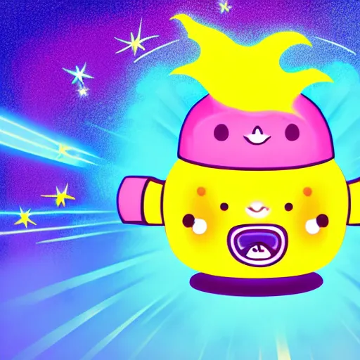 Image similar to kawaii wacky fluffy popcorn with lightning bolt power, with golden helmet, yokai, in the style of a mamashiba, with a yellow beak, with a toroidal energy field, with a smiling face and flames for hair, sitting on a lotus flower, white background, simple, clean composition, symmetrical, suitable for use as a logo