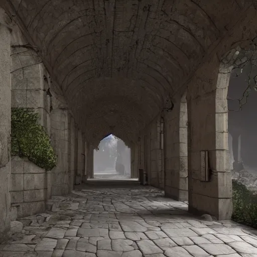 Prompt: a corridor in a stone building with trees on either side, a detailed matte painting by senior environment artist, cgsociety contest winner, fantasy art, unreal engine 5, cryengine octane render