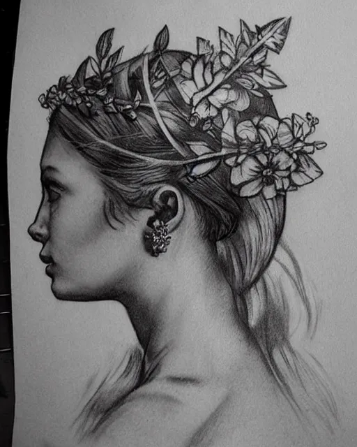 Image similar to realism tattoo sketch of a beautiful greek goddess aphrodite wearing a laurel wreath and arrowhead earrings, in the style of greg rutkowski, amazing detail