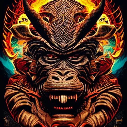 Image similar to barong family member, wiwek, mara demon, one single tribe member, jungle, one single mask, dark, ancient warrior, gorilla, lizard, tribal, inner glow, art by dan mumford and justin gerard