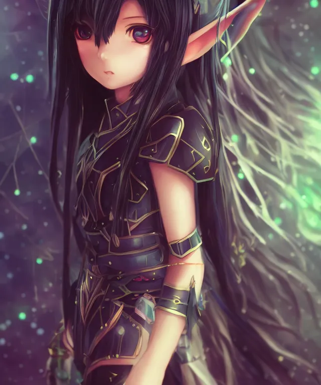 Image similar to adorable young cute anime elf girl, long black hair, fantasy armor. symmetrical face. symmetrical detailed defined eyes. beautiful lineart. bokeh pixiv # 1 ranking depth focus, chromatic aberration, noise, soft lighting, srgb, 4 k, cinematic