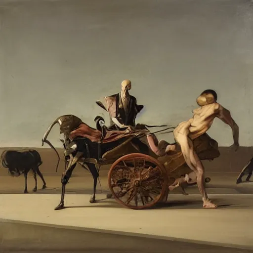 Image similar to improvisational, dreary by michael carson, by bernardo bellotto. the photograph features a human figure driving a chariot. the figure is skeletal & frail, with a large head & eyes. the chariot is pulled by two animals, which are also skeletal & frail.