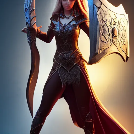 Image similar to full - body shot, cinematic movie image, beautiful hot elven female mage with a shield and a sword, ultra - hd, hcl, 1 2 - bit, ar, volumetric lighting, screen space global illumination, opaque, optics, lumen reflections, vfx, insanely detailed and intricate