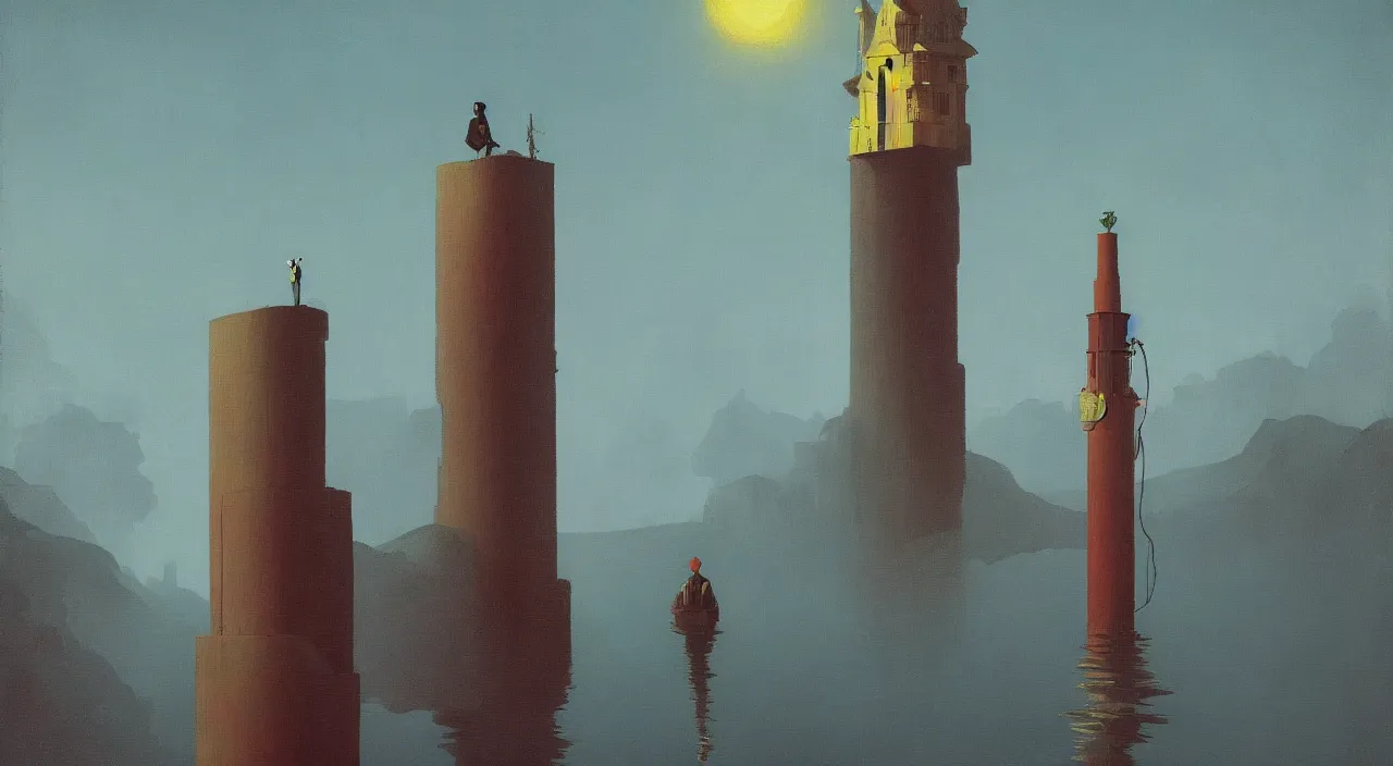 Prompt: single flooded simple cosmic tower!, very coherent and colorful high contrast!! masterpiece by rene magritte simon stalenhag carl spitzweg syd mead norman rockwell edward hopper james gilleard, minimalist, dark shadows, sunny day, hard lighting