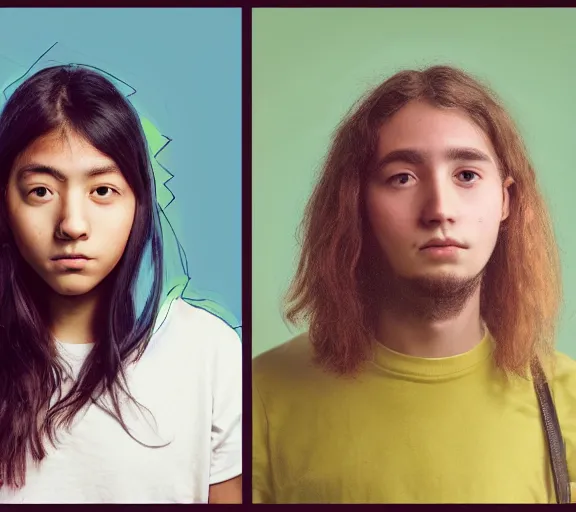 Image similar to a side by side comparison portrait of a typical millennial and a typical gen z at 2 1 years old, in the style of an original beeple digital art painting