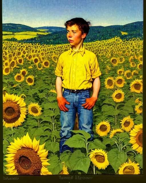Prompt: boy standing on a hill looking down into the valley of sunflower fields, hills, cliffs, yellow sunflowers flower boy album cover by norman rockwell