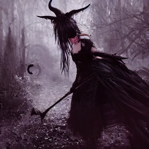 Image similar to hyperrealistic portrait of high detail yorha no. 2 type a as a vampire witch in ornate black robe red swan feathers as the mistress in fear being chased by a terrific man with goat head in a garden maze horror. by jeremy mann, fantasy art, photo realistic, dynamic lighting, artstation, poster, volumetric lighting, 4 k, award winning