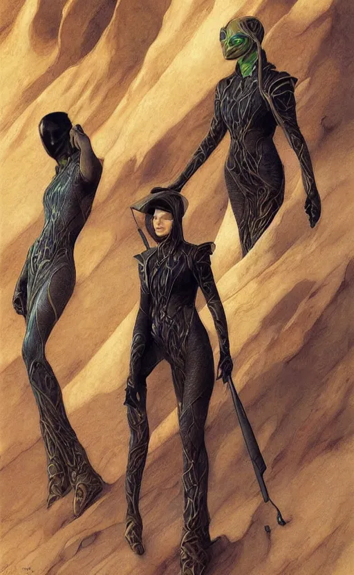 Image similar to beautiful female fremen on dune, by edgar maxence artgerm ross tran and michael whelan and gustav klimpt