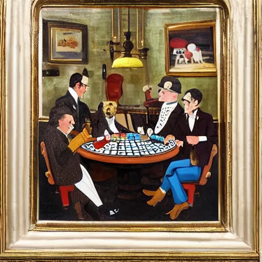 Prompt: a painting in the style of Dogs Playing Poker, london, marleybone, 1920s, old aesthetic, bustling city, dog-like people